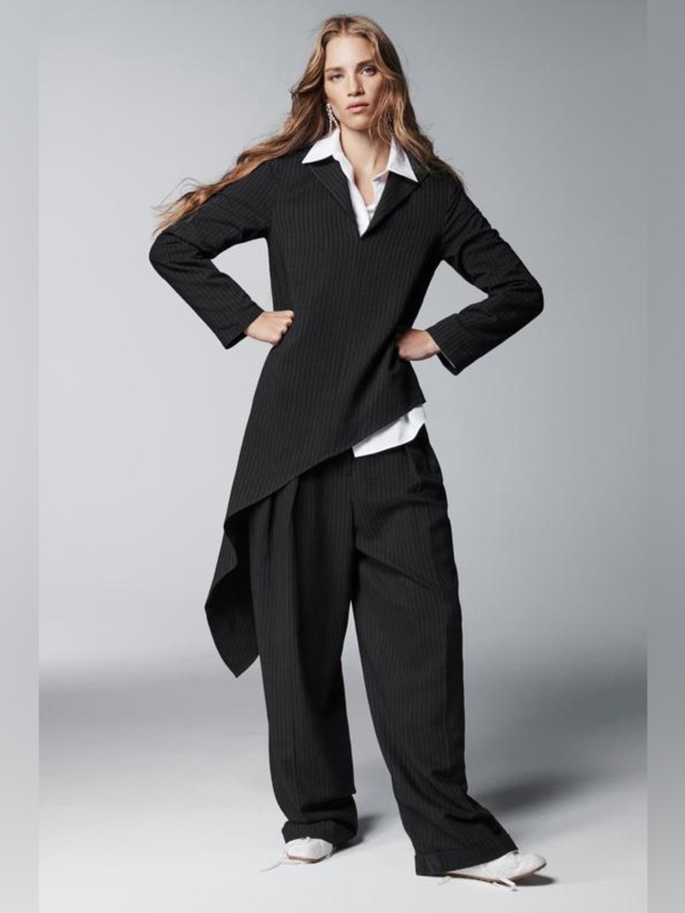 Zara ZW Collection Pinstriped Pleated Pants Navy/brown wool/linen blend M NWT